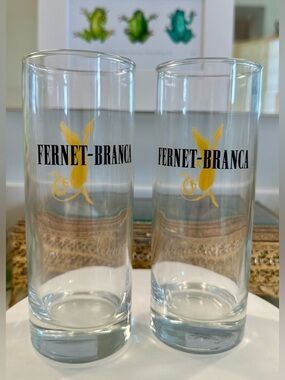 Fernet-Branca Dancing Alligator Hand-Painted Highball Glasses Italy EUC set of 2